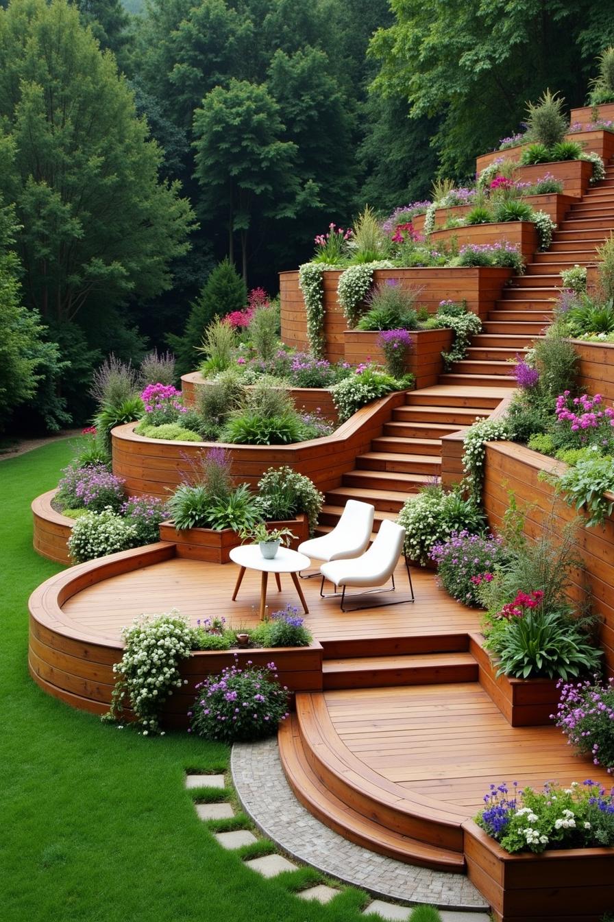 Lush terraced garden with wooden planters and seating area on a hillside