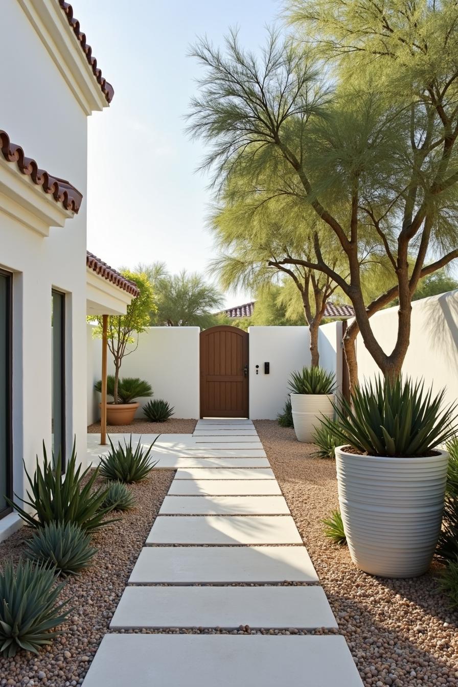 Brick pathway with desert plants and white walls