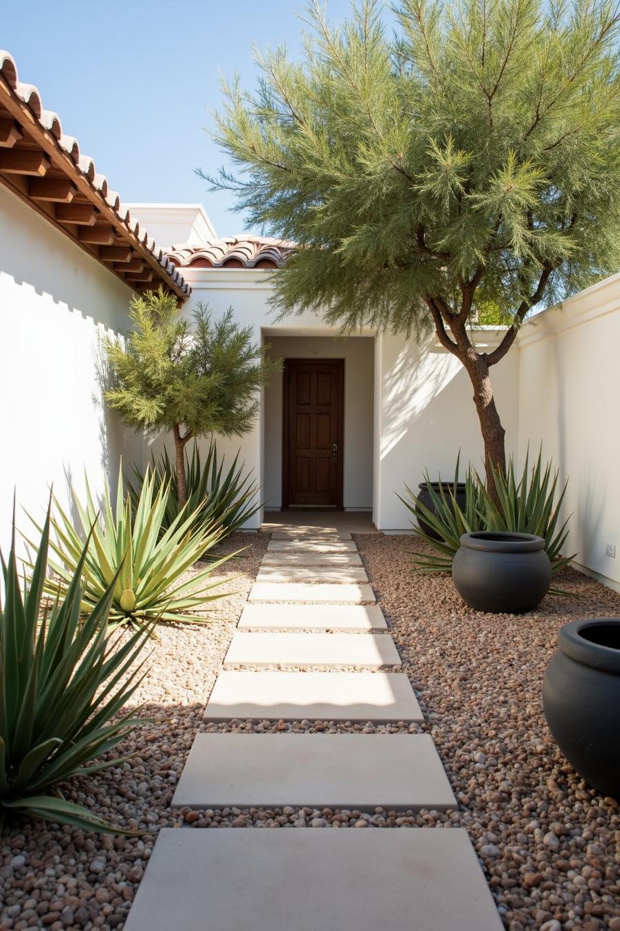 Stone path lined with agave plants leads to a wooden door