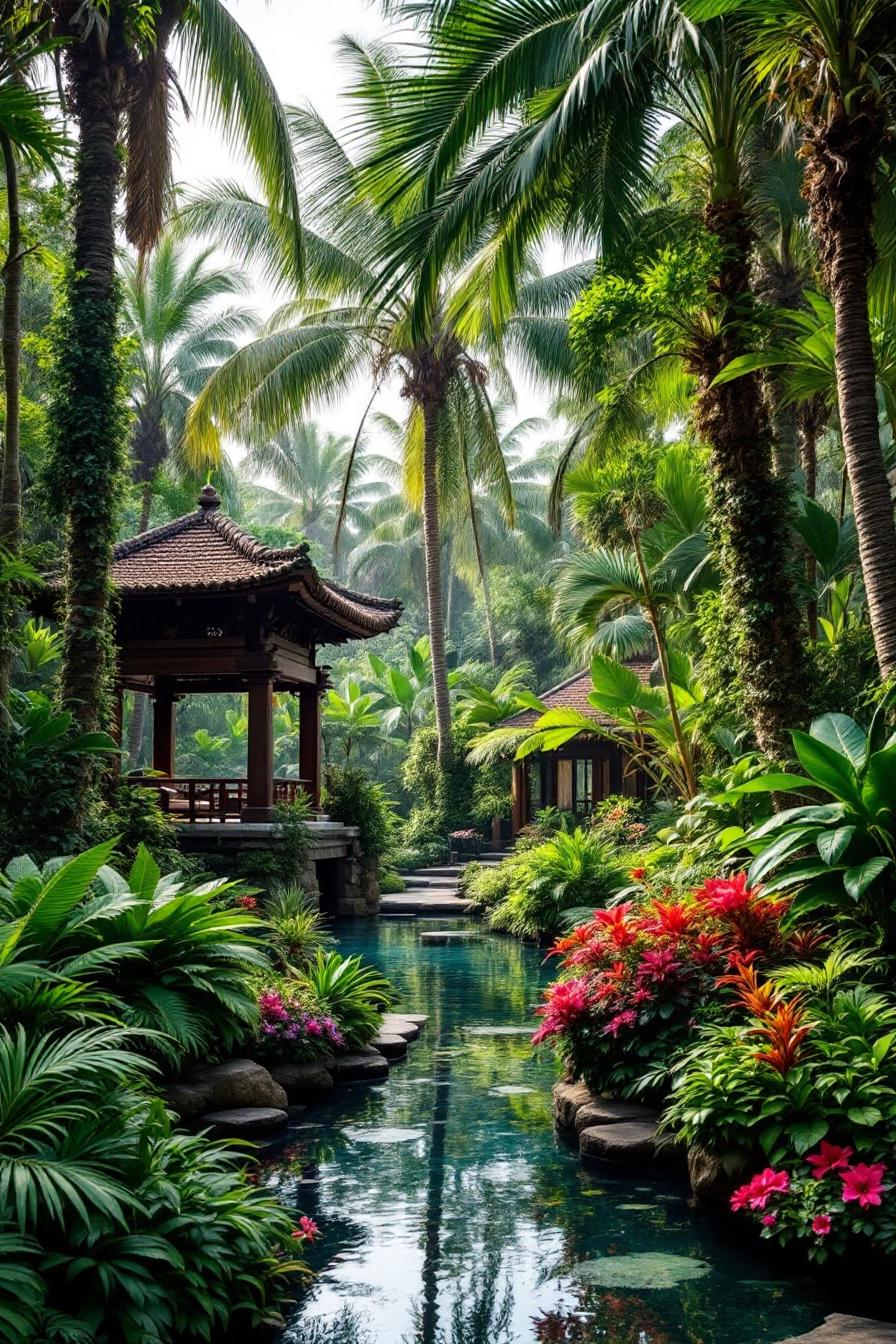 A serene garden with vibrant flowers and a calming waterway surrounded by tall palms