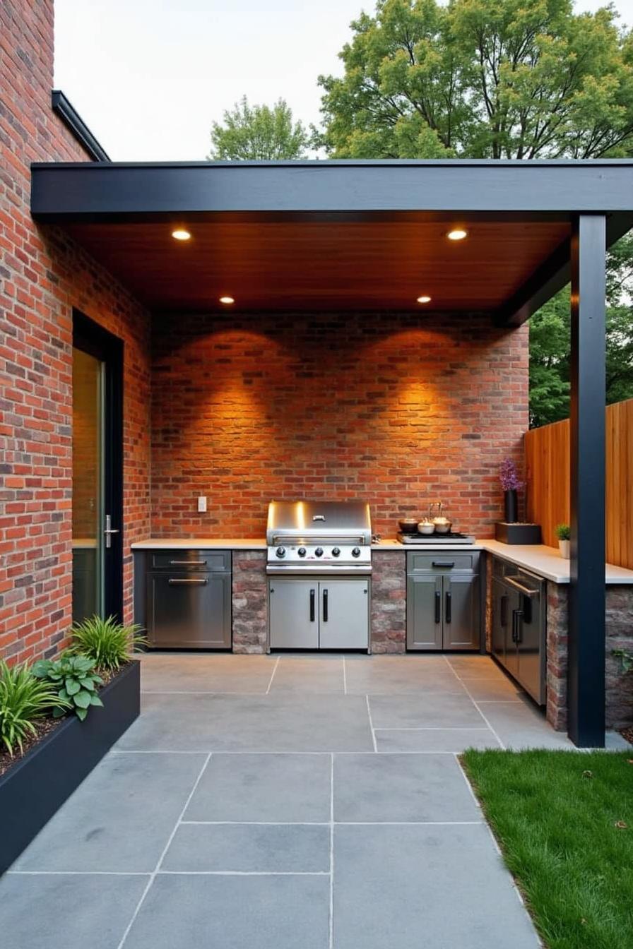 Sleek outdoor kitchen with a brick backdrop and a grill under a wooden awning