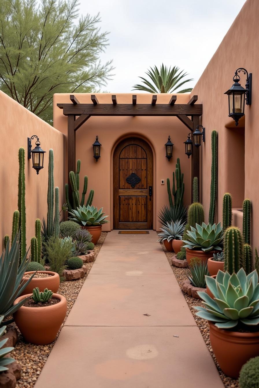 Entrance with terracotta pots and cacti on either side