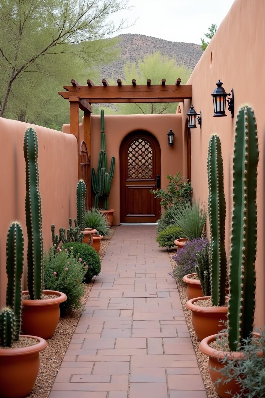 Narrow pathway with potted cacti leading to a wooden door