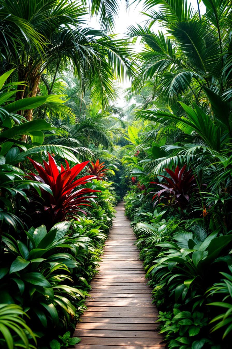 Wooden pathway enveloped by lush tropical foliage