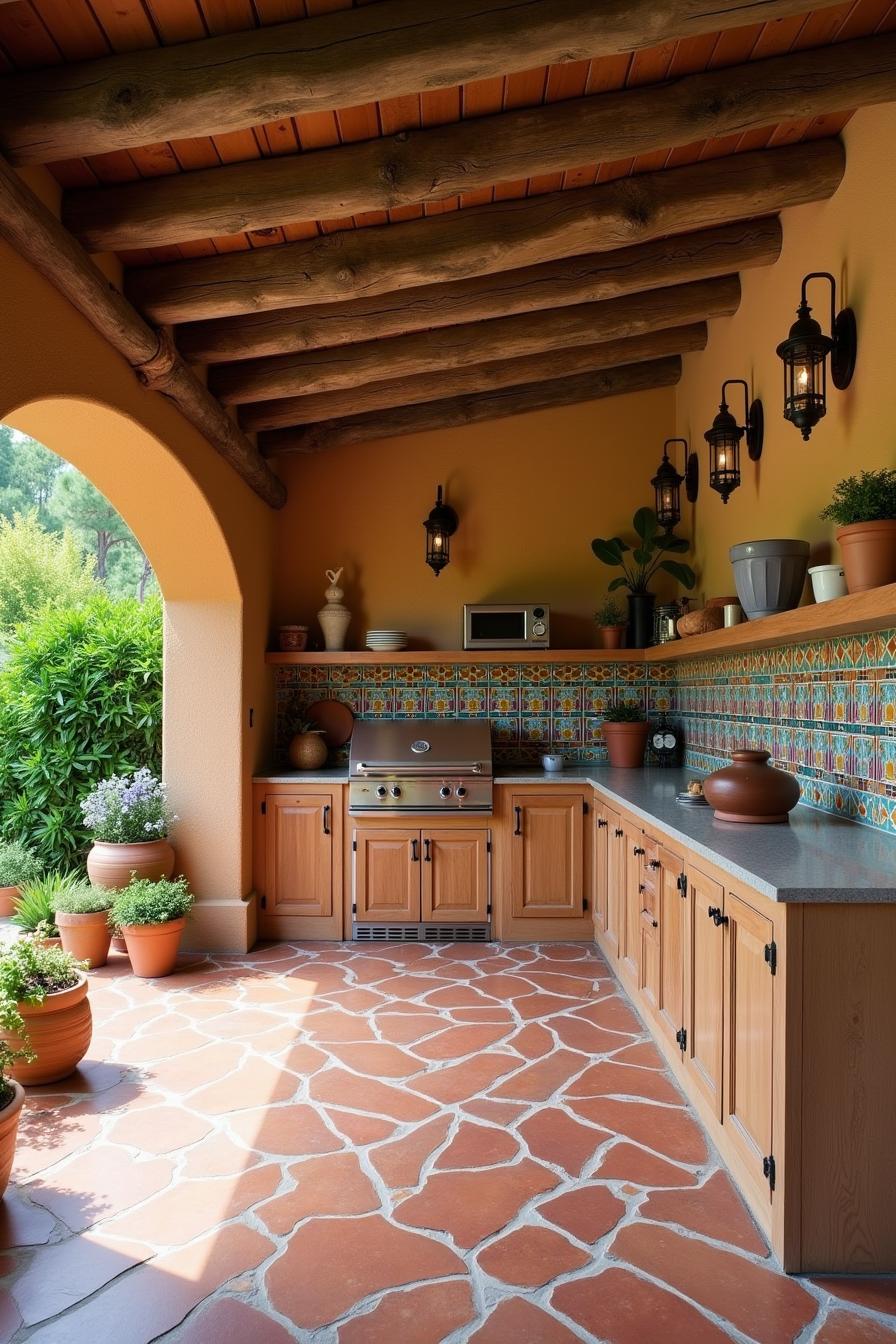 Cozy outdoor kitchen with vibrant tiles and wooden accents