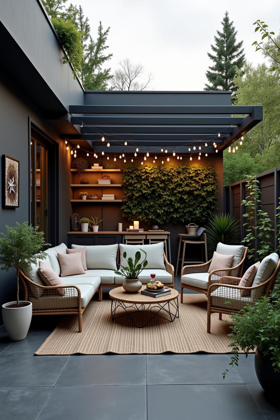 Modern terrace with string lights and comfortable seating