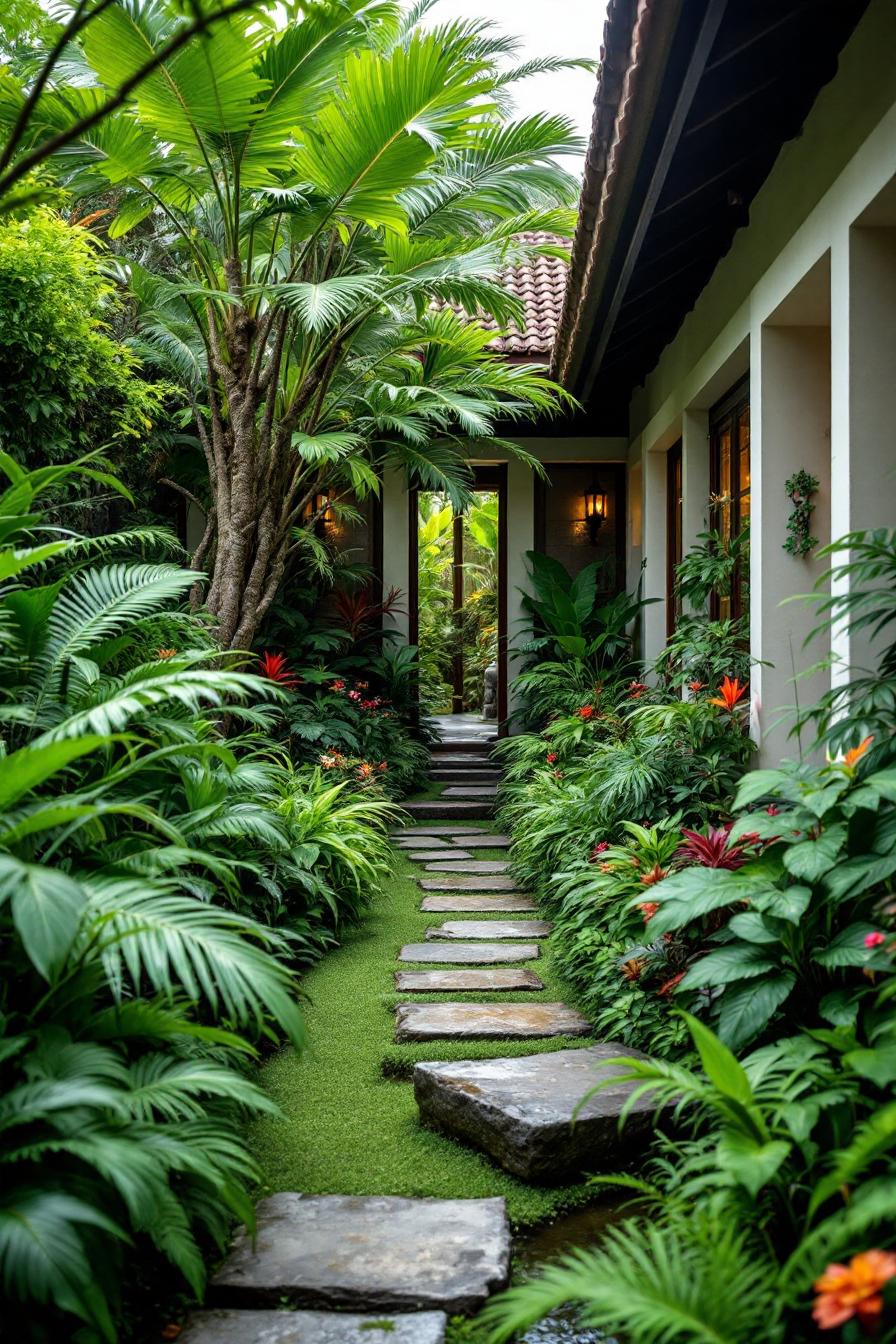 Stone path surrounded by lush tropical plants leading to a cozy doorway