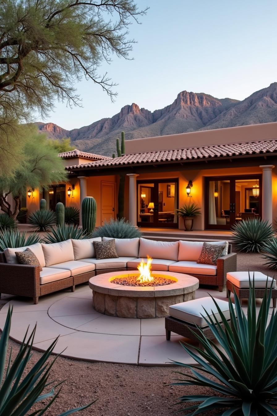 Desert patio with fire pit and cozy seating