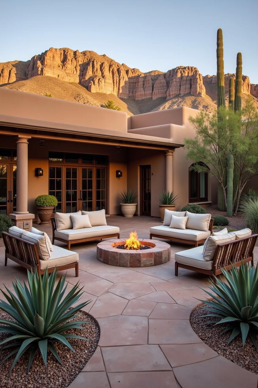 Desert patio with cacti and fire pit surrounded by cozy seating