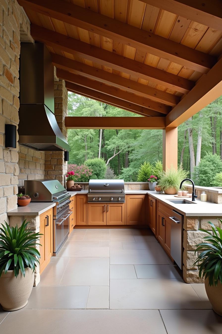 Modern outdoor kitchen under a wooden pergola with natural stone accents