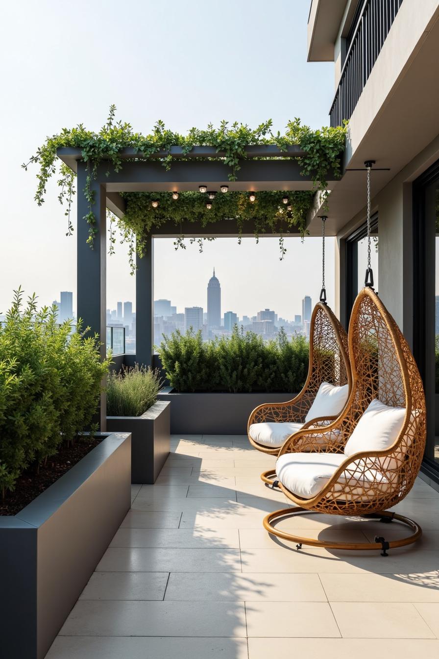 Two Hanging Chairs Overlooking Urban View