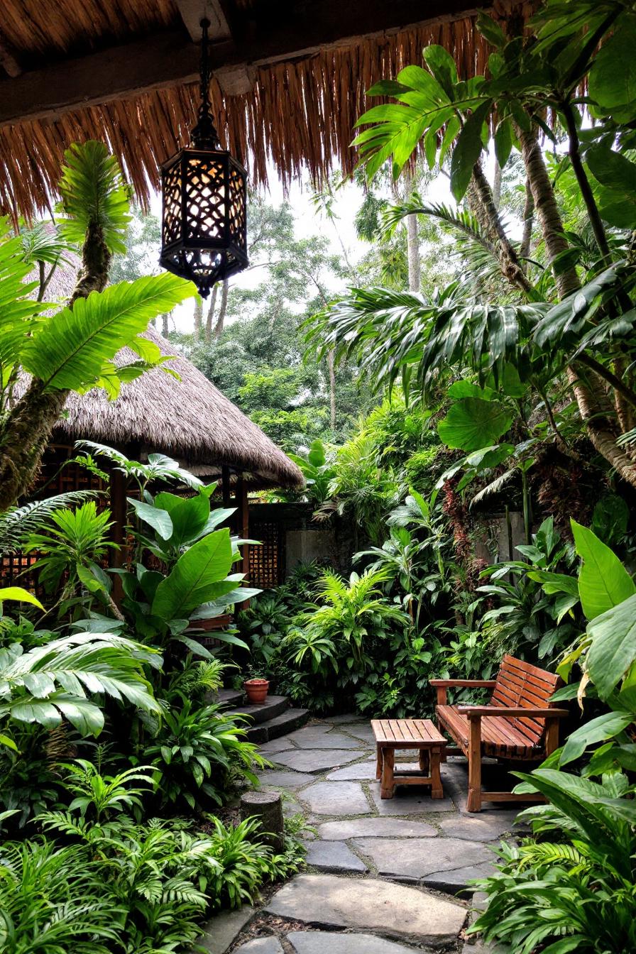 Balinese garden with lantern, chairs, and lush greenery