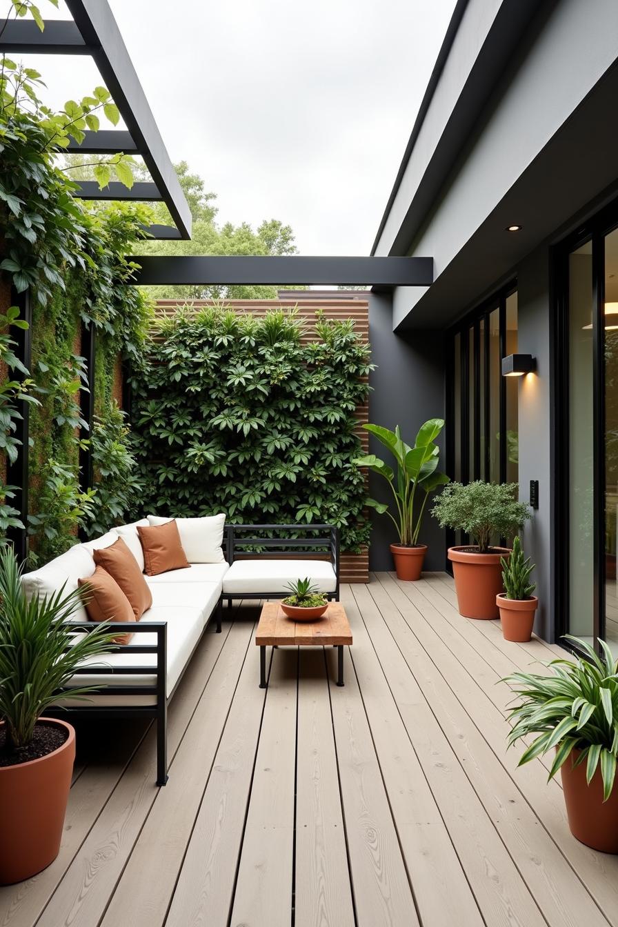 Modern terrace with a white sofa and vibrant plants