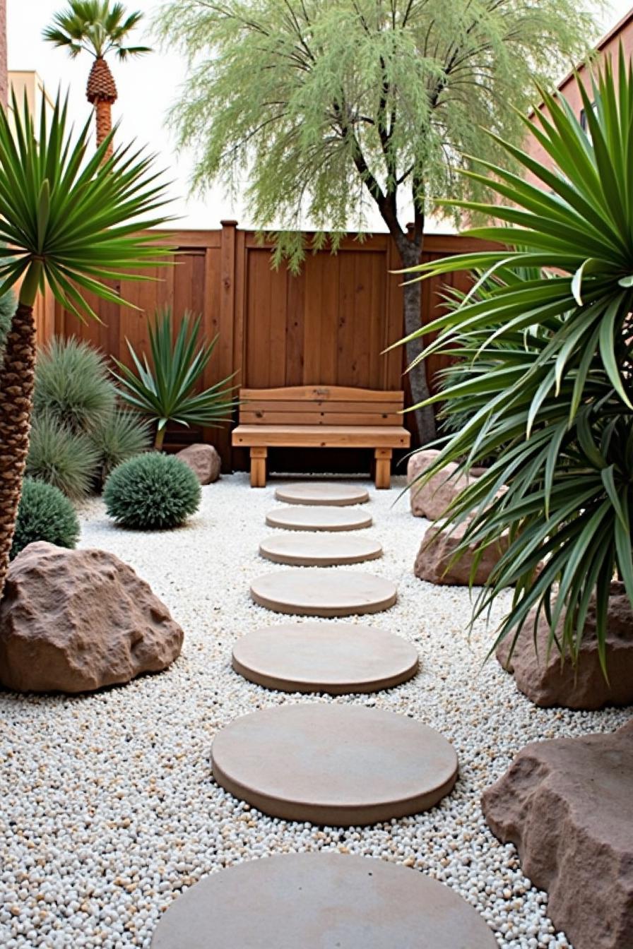 Pathway of round stones leading to a wooden bench amidst desert plants