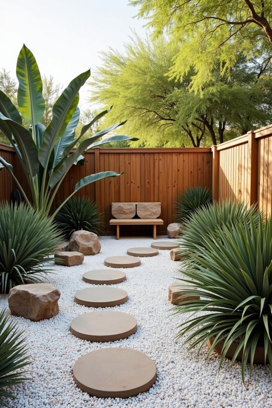 Path with circular stones and surrounding desert plants