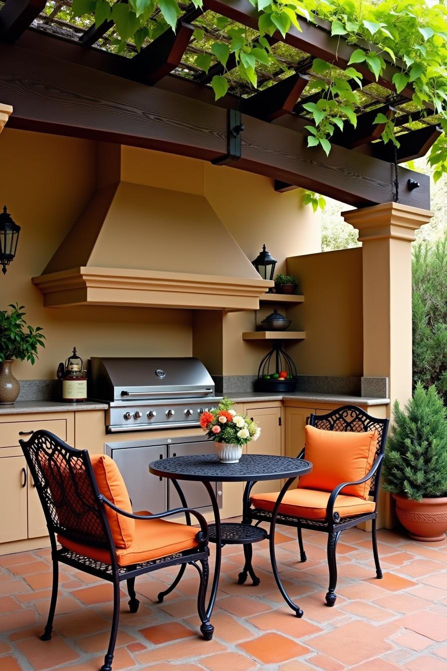 Cozy outdoor kitchen with vine-covered pergola and bright accents