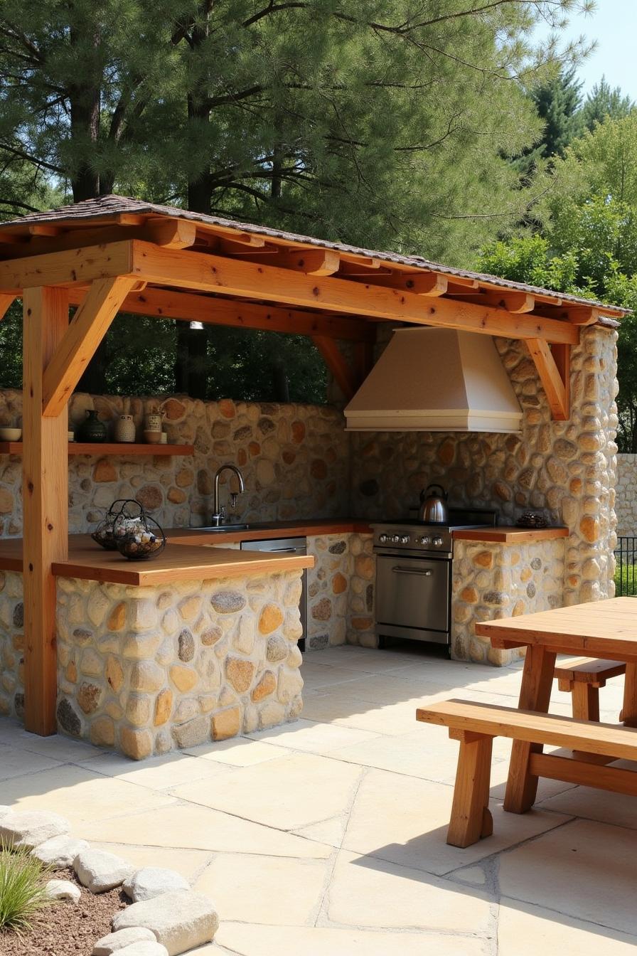 Stone outdoor kitchen sheltered by a wooden roof