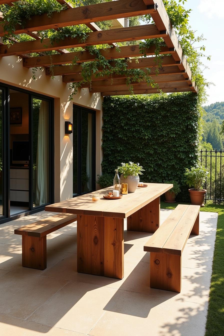 Wooden table and benches under a pergola with greenery