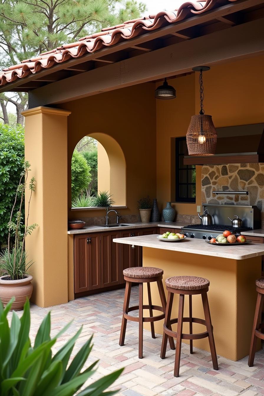 Charming outdoor kitchen with warm colors and seating