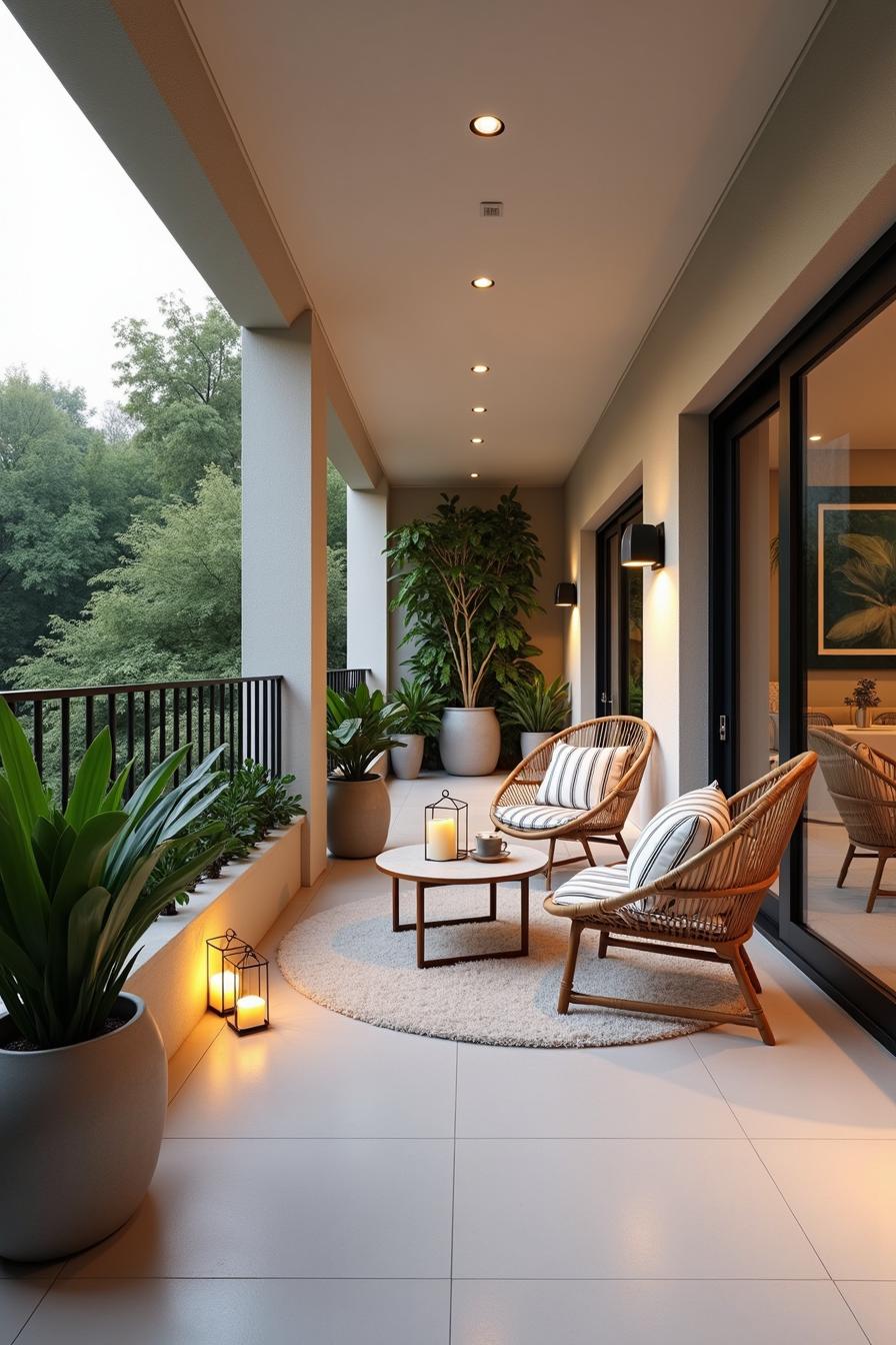 Stylish terrace with plants, wicker chairs, and soft lighting