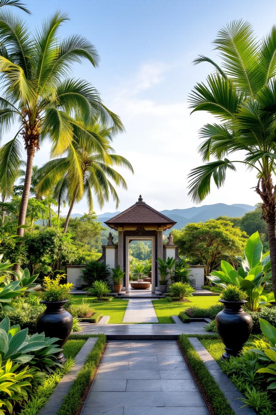 Tropical garden with stone path and pavilion