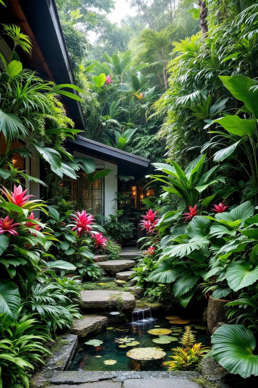 Lush tropical garden with stepping stones and vibrant plants