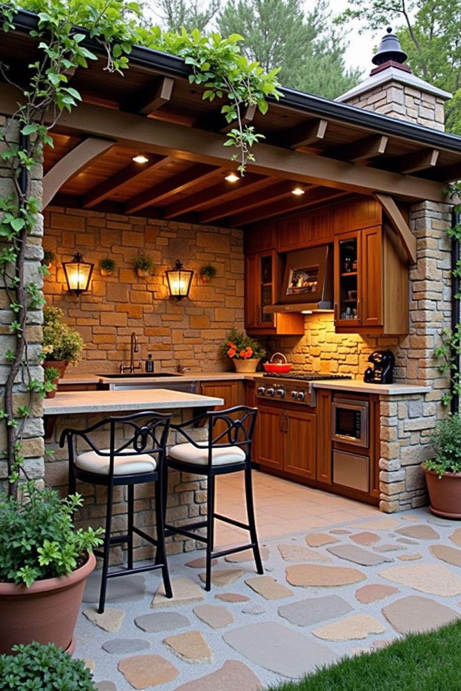 Cozy stone outdoor kitchen with bar seating