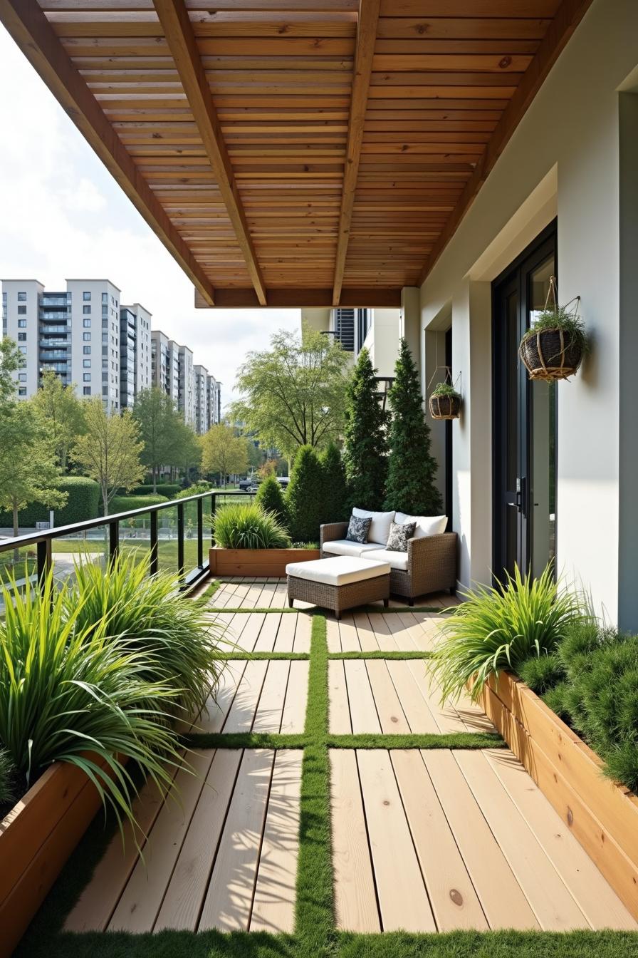 Chic terrace with modern furniture and lush greenery