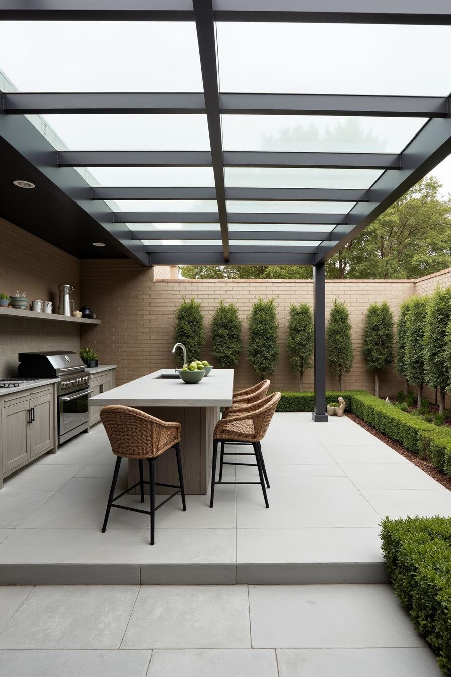 Modern outdoor kitchen with sleek lines and greenery