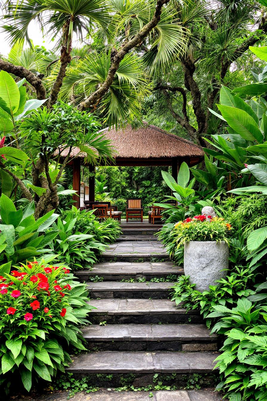 Lush garden pathway leading to a bamboo pavilion