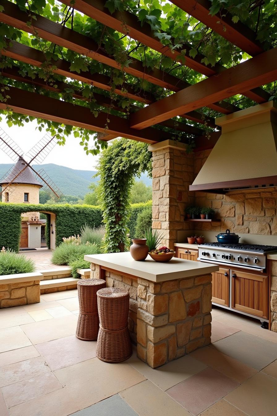 Outdoor kitchen with stone accents and pergola