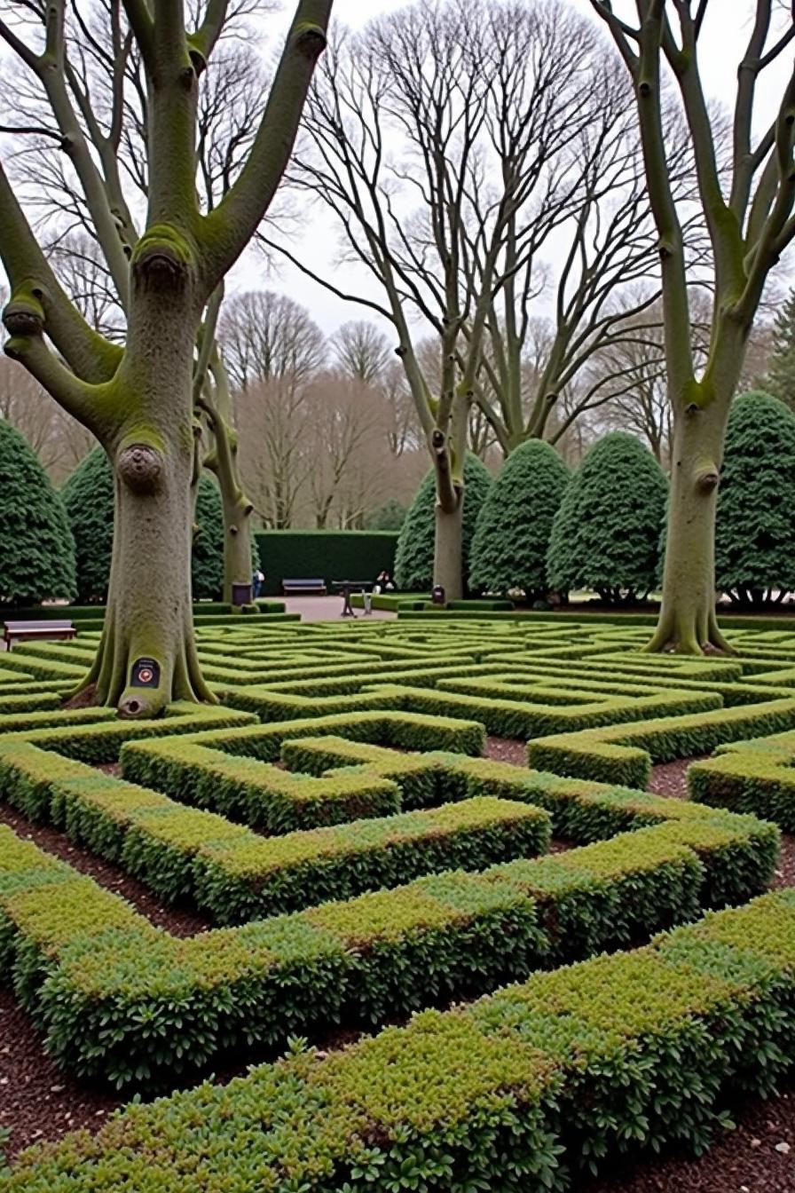 Lush maze of trimmed hedges beside tall trees