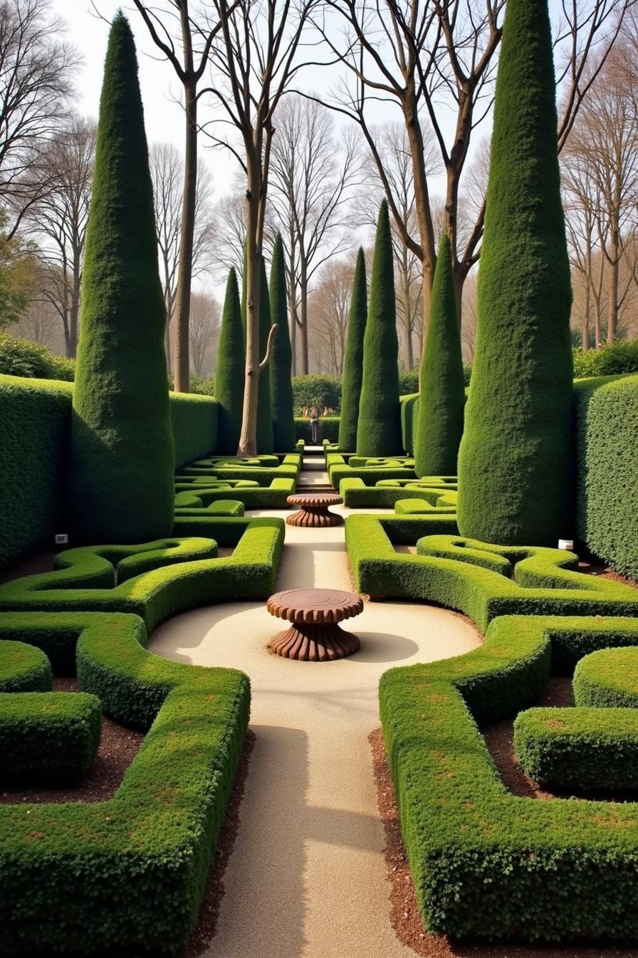 Tall evergreen cones in a sculpted hedge garden