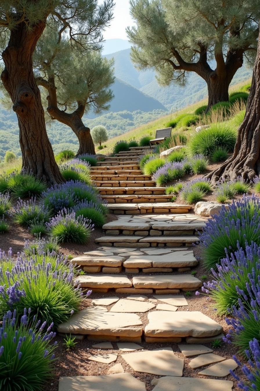 Stone path through lavender bushes and trees on a hillside