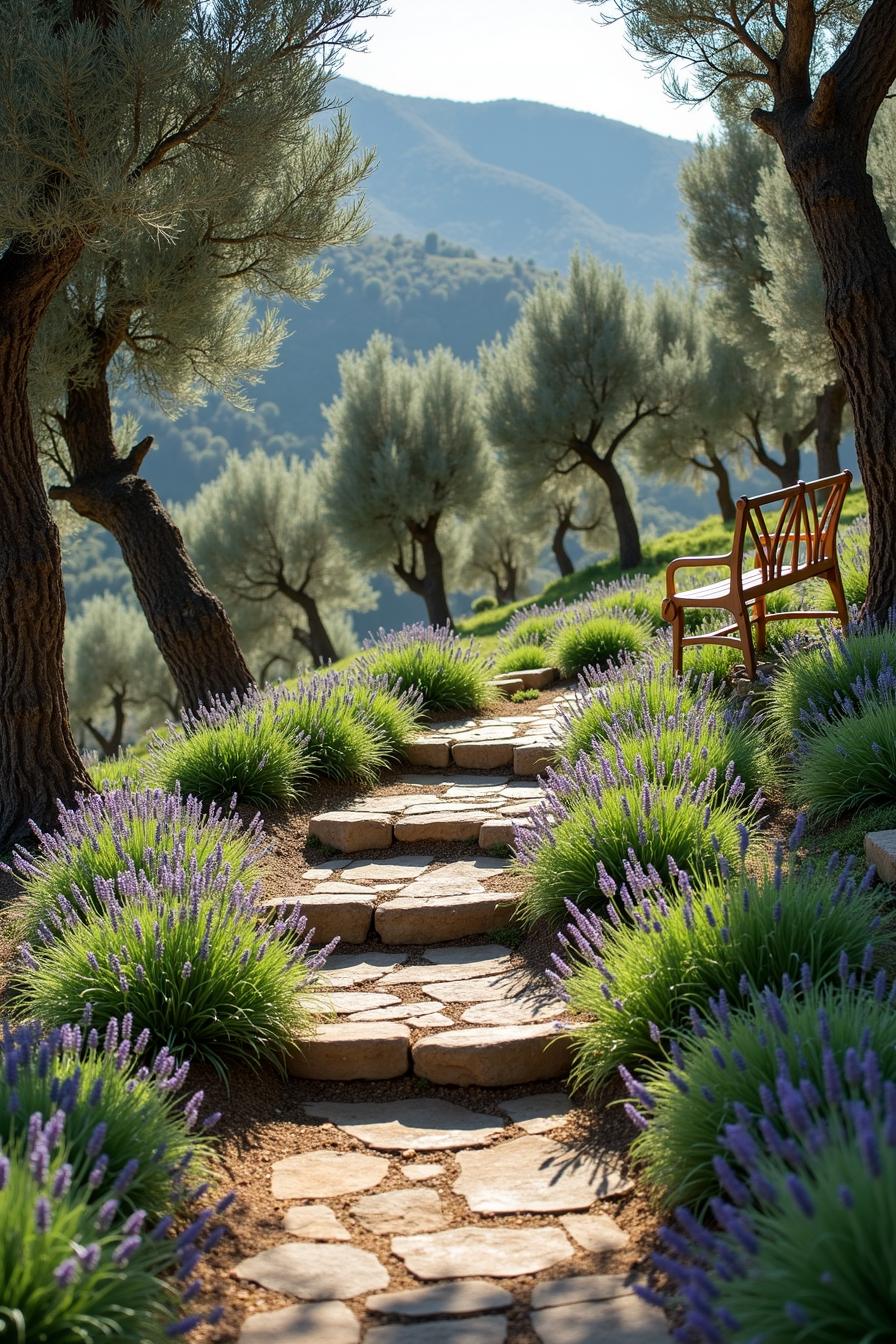 Stone path lined with lavender bushes on a hillside