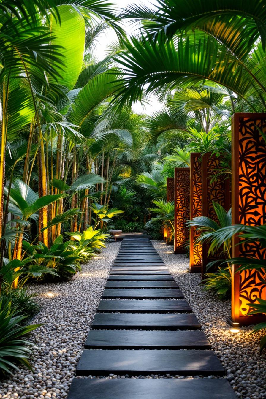 Illuminated path flanked by lush palms and artistic panels