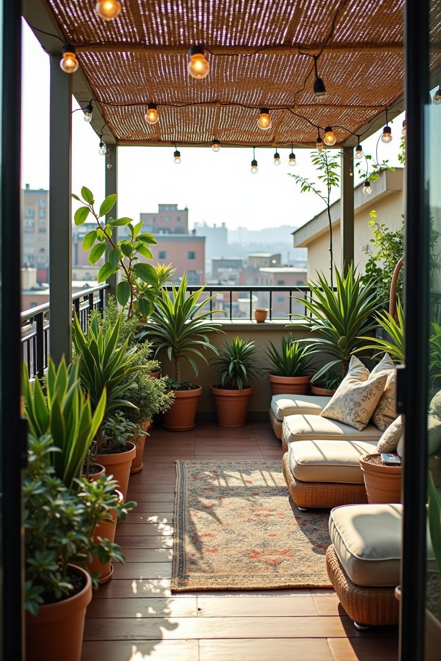 Cozy rooftop deck with potted plants and seating