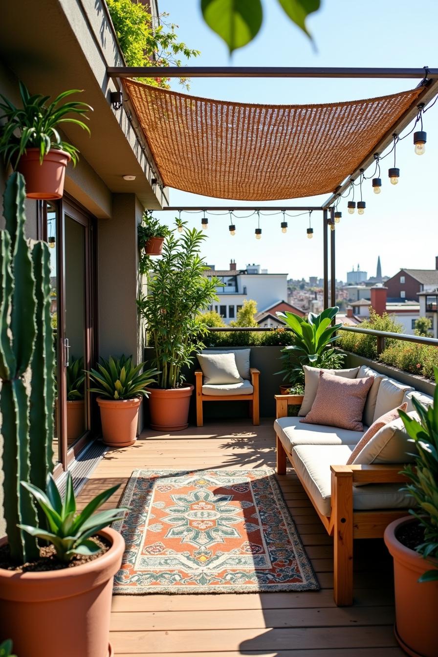 Plush seating and potted plants on a rooftop terrace with a city view