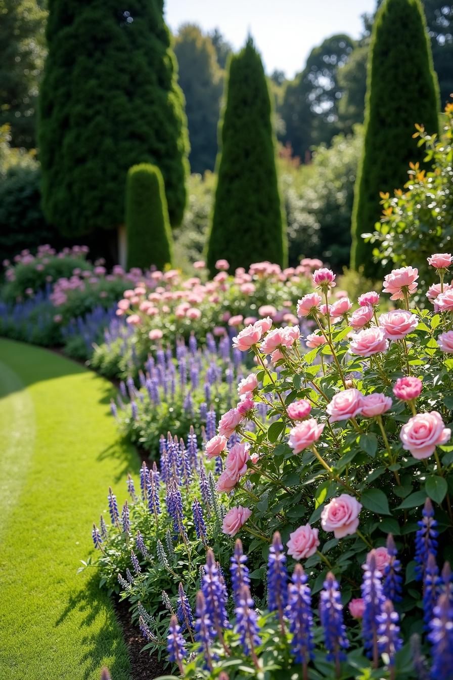 Pink roses and lupines lining a garden path