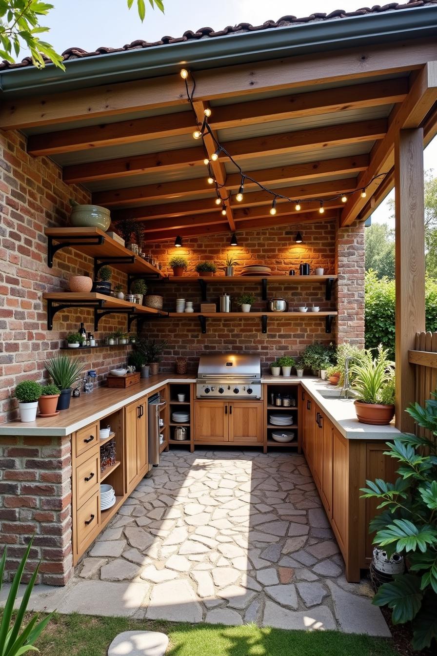 Charming outdoor kitchen with rustic brick walls and wooden cabinets