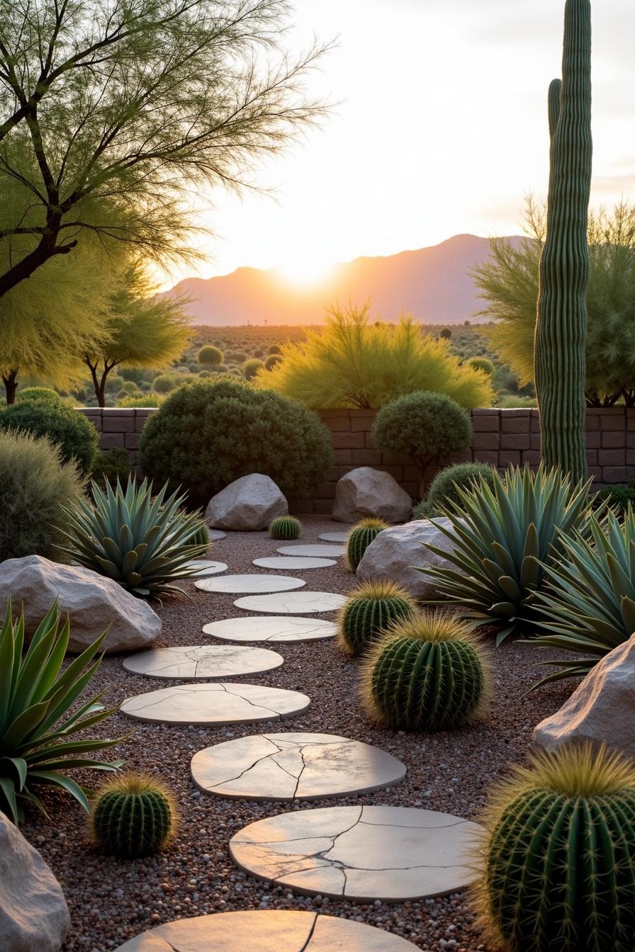 Desert garden with cacti and a stone path at sunset