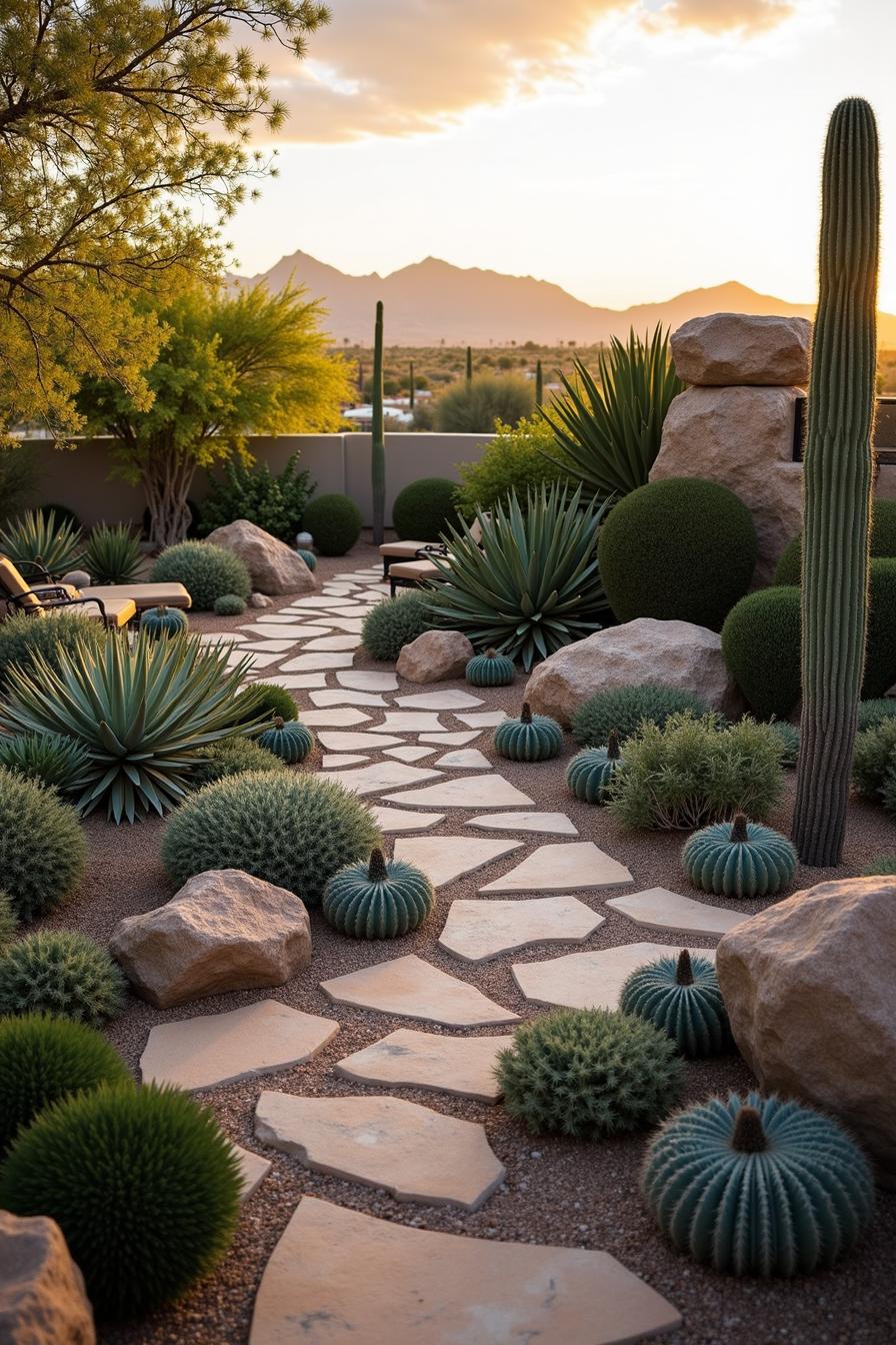 Desert landscape with cacti and a stone pathway at sunset