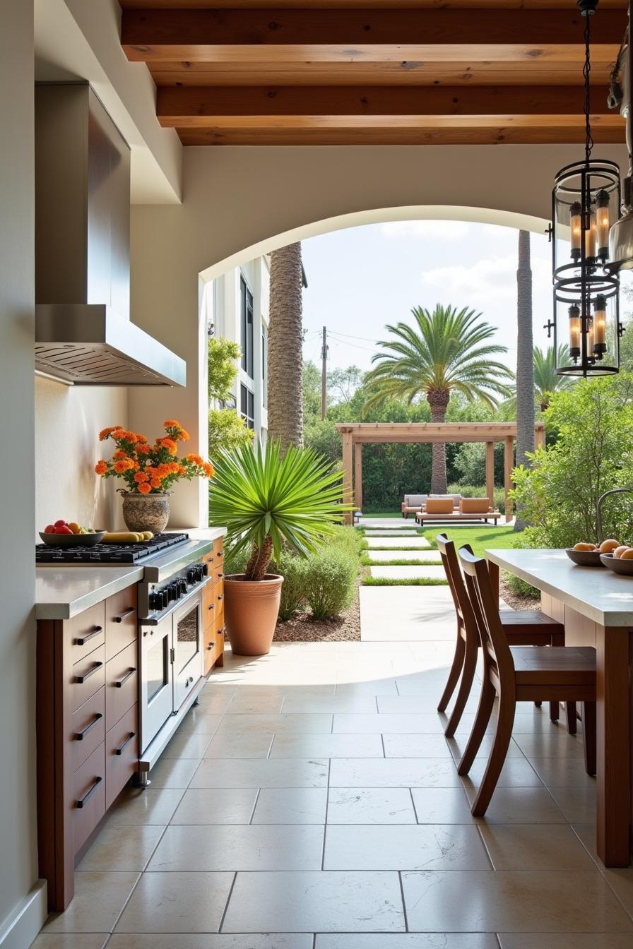 Bright, sunlit outdoor kitchen with rustic wooden elements