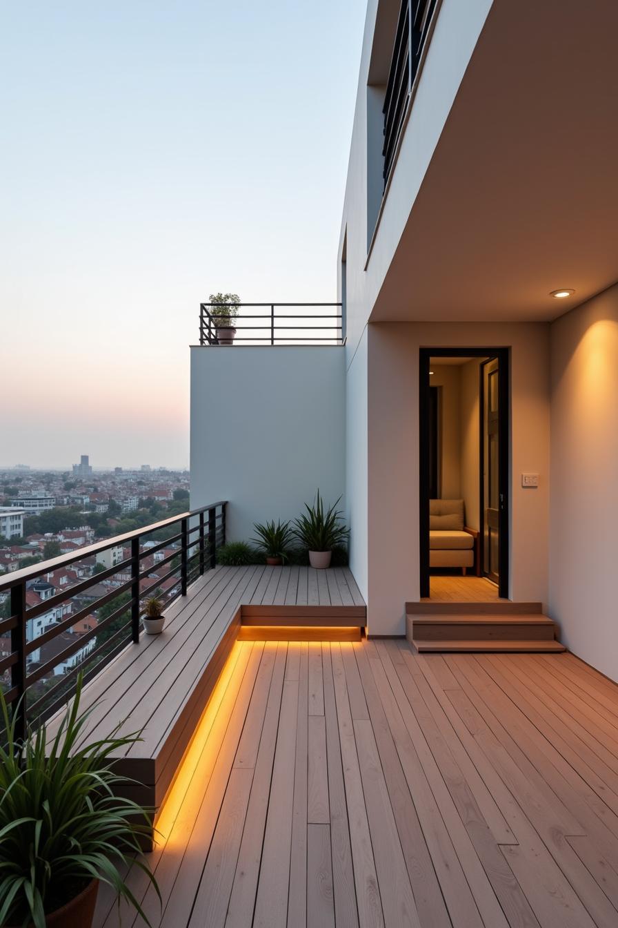 Minimalist terrace with sleek railing and glowing ambient lights