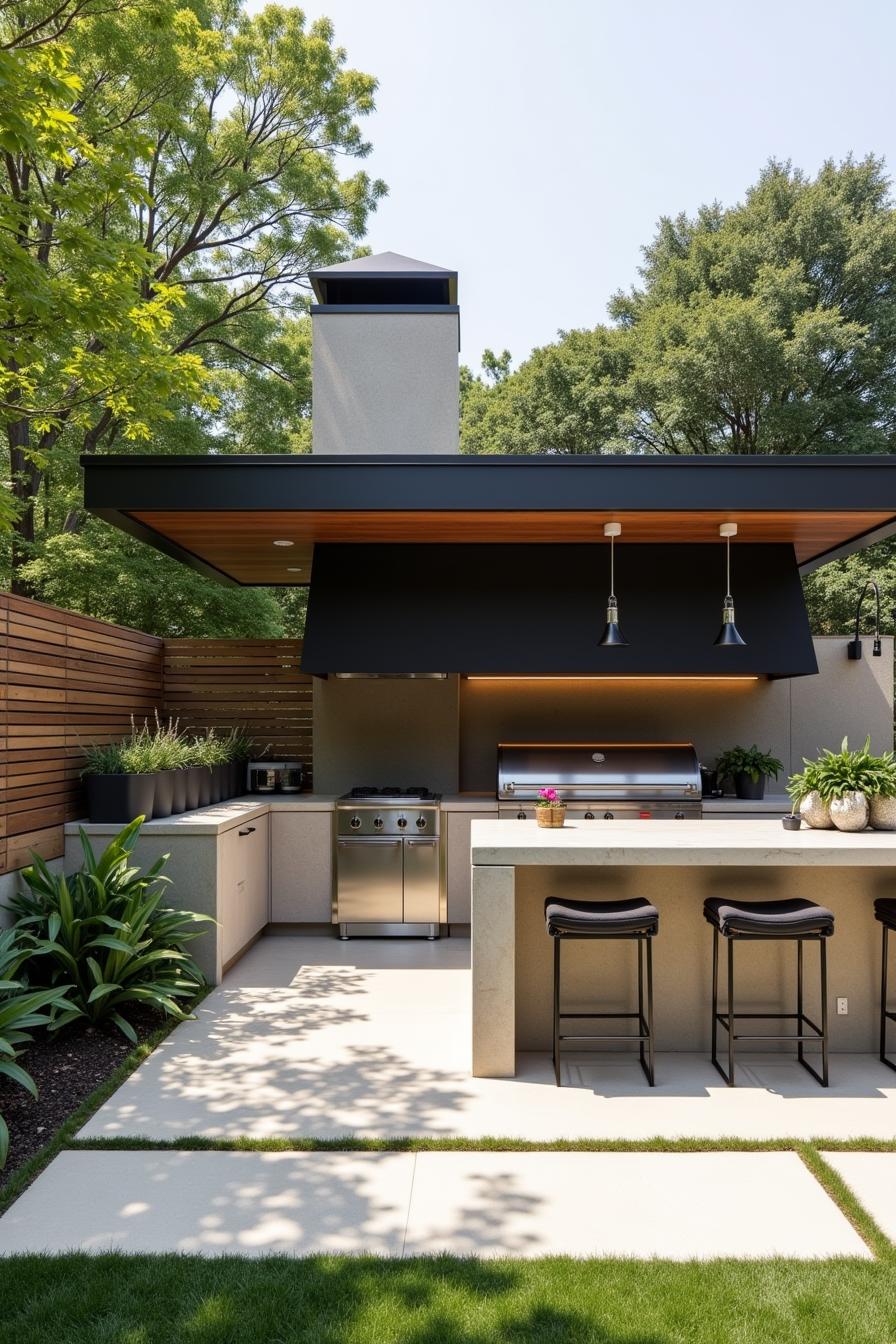 Stylish backyard kitchen with modern appliances and lush greenery