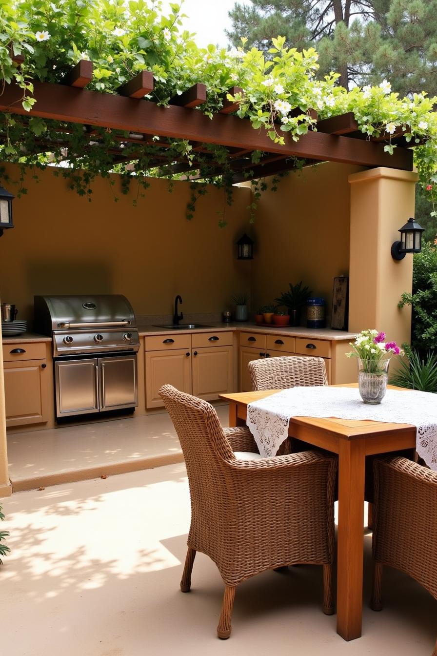 Outdoor kitchen with grill under a leafy pergola