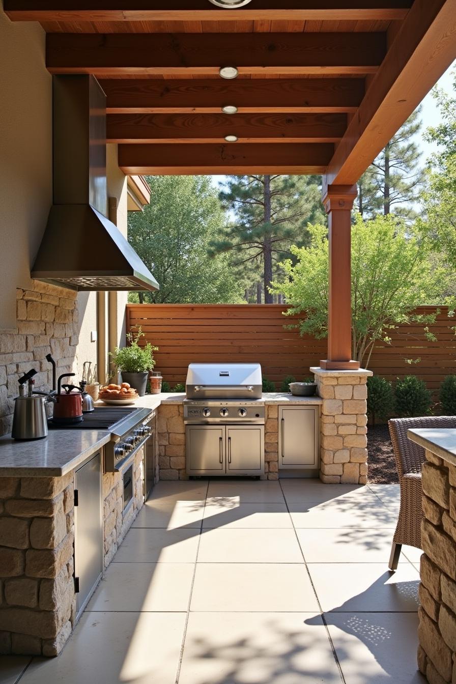 Open-air kitchen with stone accents and wooden pergola