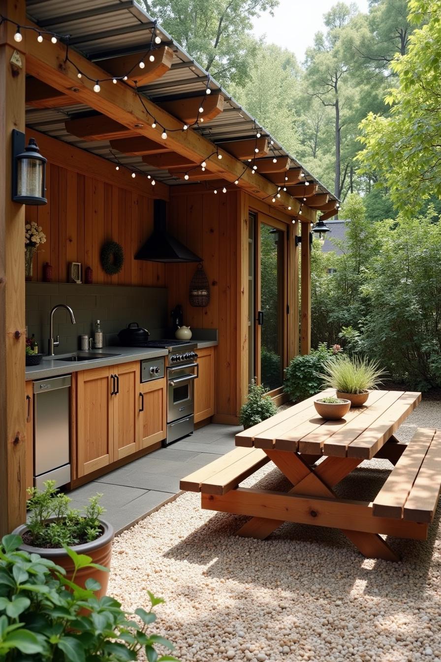 Outdoor kitchen with wooden cabinetry and string lights