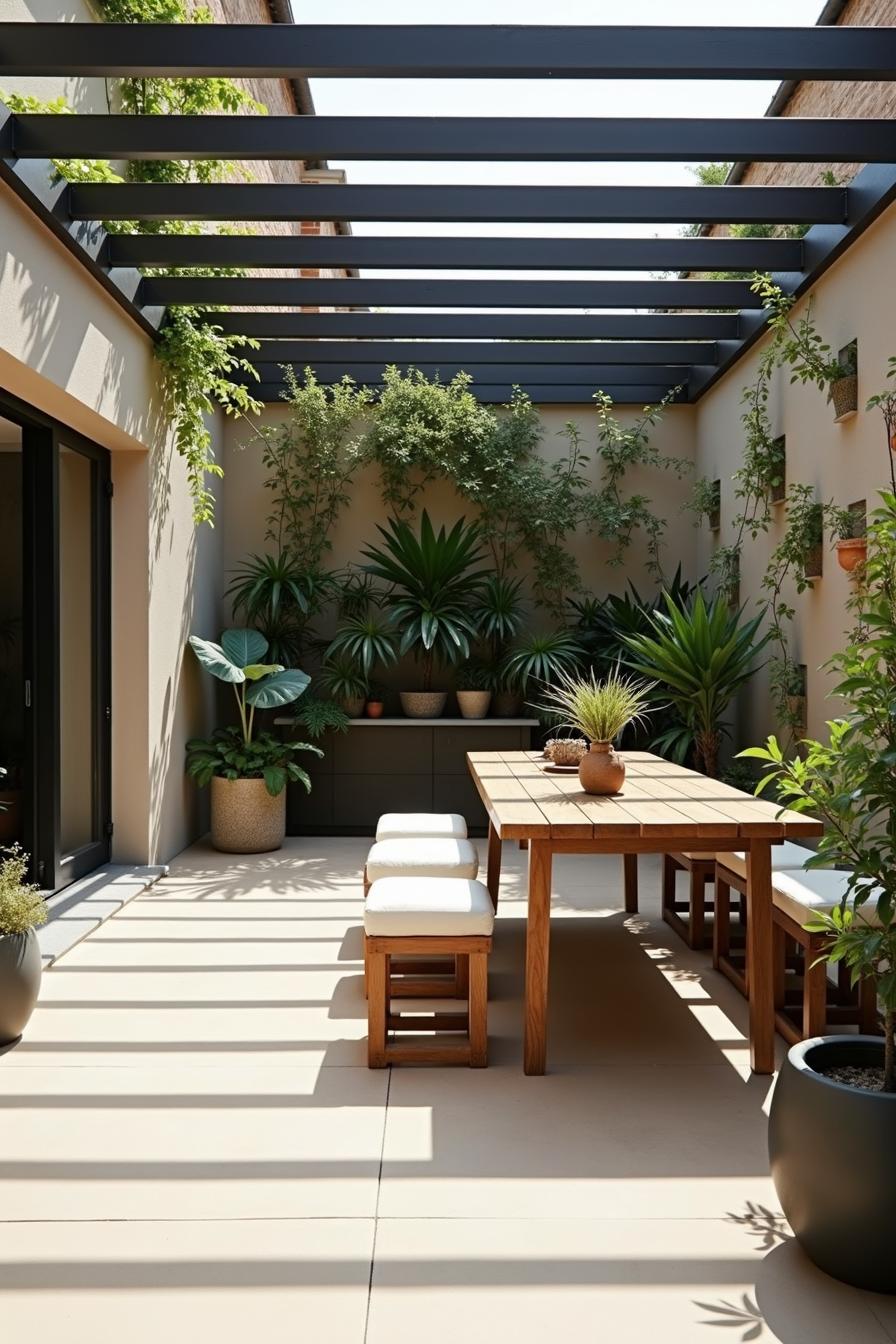 Stylish terrace with greenery and seating