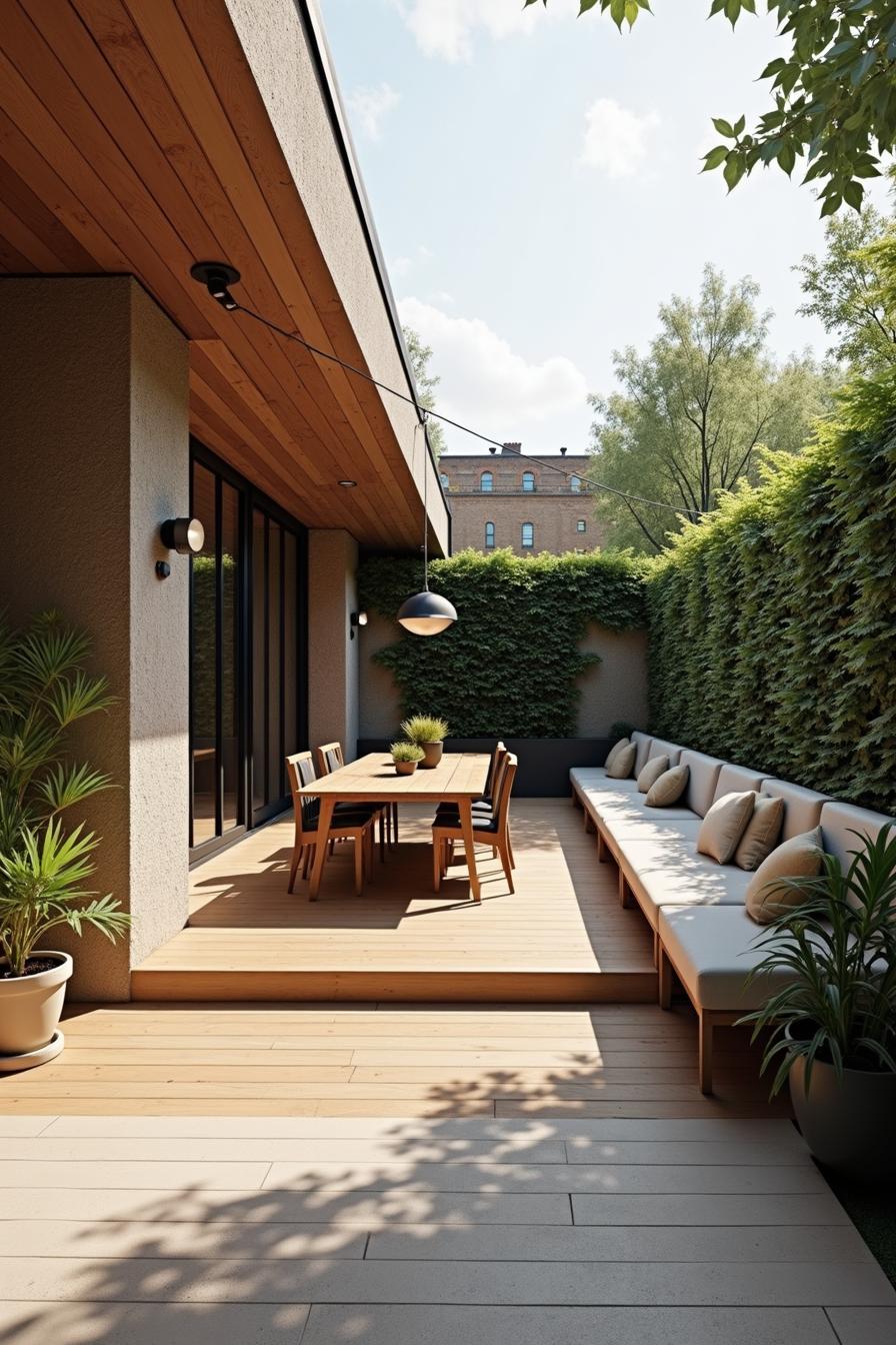 Outdoor terrace with wooden flooring and seating